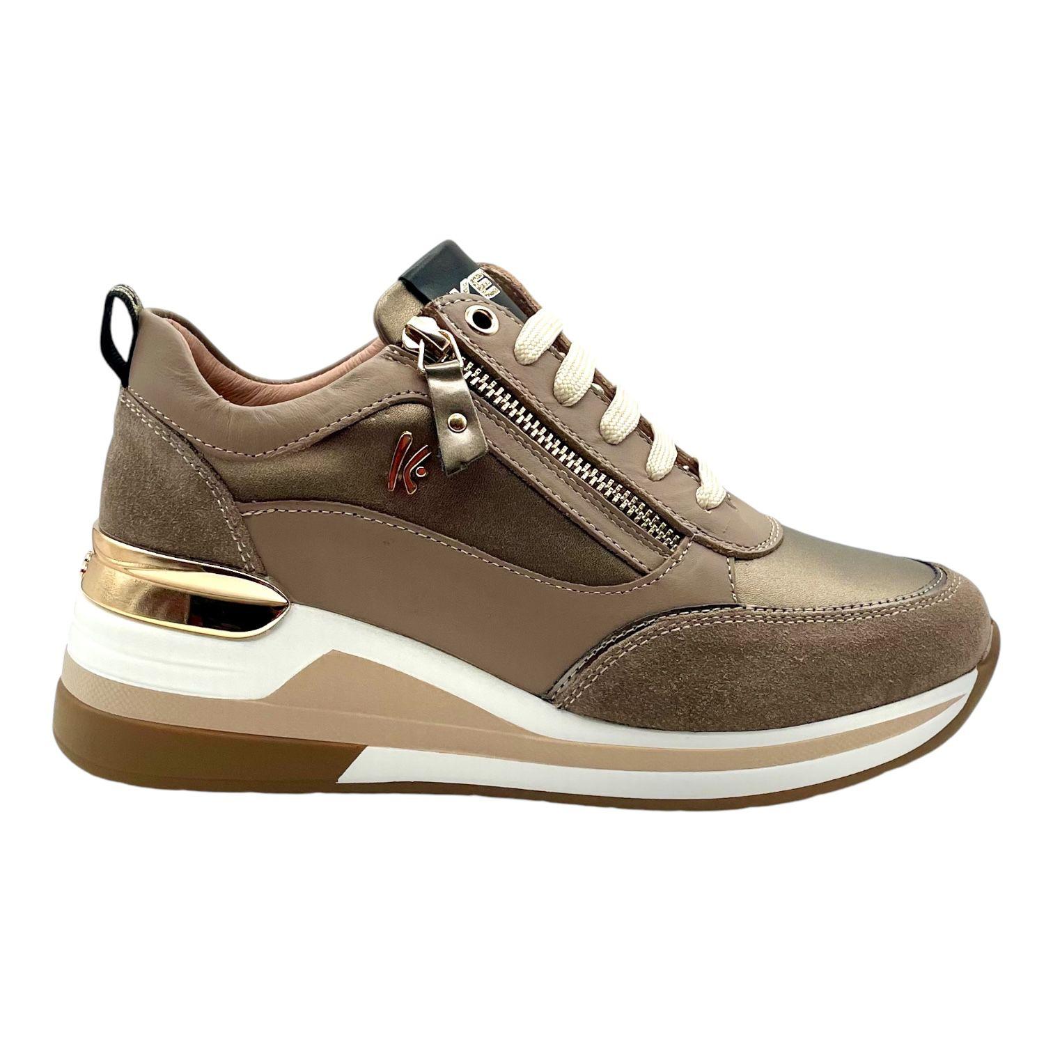 Sneakers Con Zeppa Donna Colore Marrone Nudo - Cerniera Laterale E Dettagli Ricamati, Suola Comoda